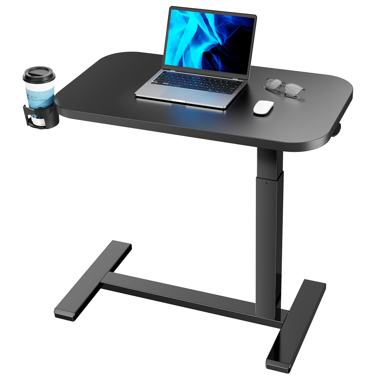 HUANUO Bedside Table with Wheels, Height-Adjustable Rolling Computer Cart, Overbed Table with Cup Holder, Pneumatic Laptop Standing Desk for Home Office, Black (31.5" x 17.7")