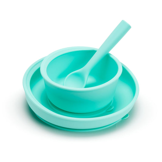 Munchkin Silicone Baby Feeding Set, Toddler Suction Bowl, Plate and Spoon, Baby Led Weaning and Infant Self Feeding, C’est Silicone!™ Mealtime Set, 4 Months and Up, BPA Free, Mint