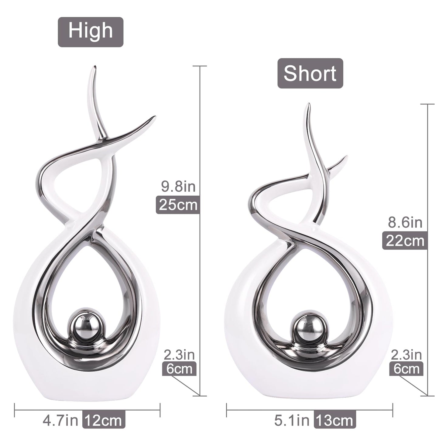 PlivBloom Silver White Abstract Ceramic Modern Sculpture, Knick Knacks Statues for Living Room, Shelf, TV Stand, Coffee Table, Dining Room, Office, Bedroom, Home Decor, Centerpiece, Great Gift Idea