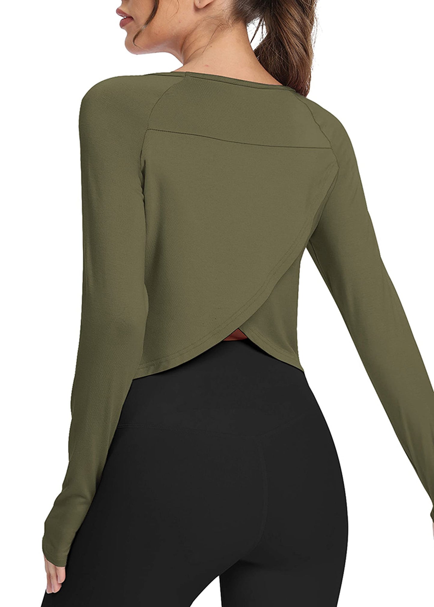 Bestisun Long Sleeve Workout Dance Clothes Split Back Gym Tennis Sports Training Wear Fitness Crop Tops Army Green M