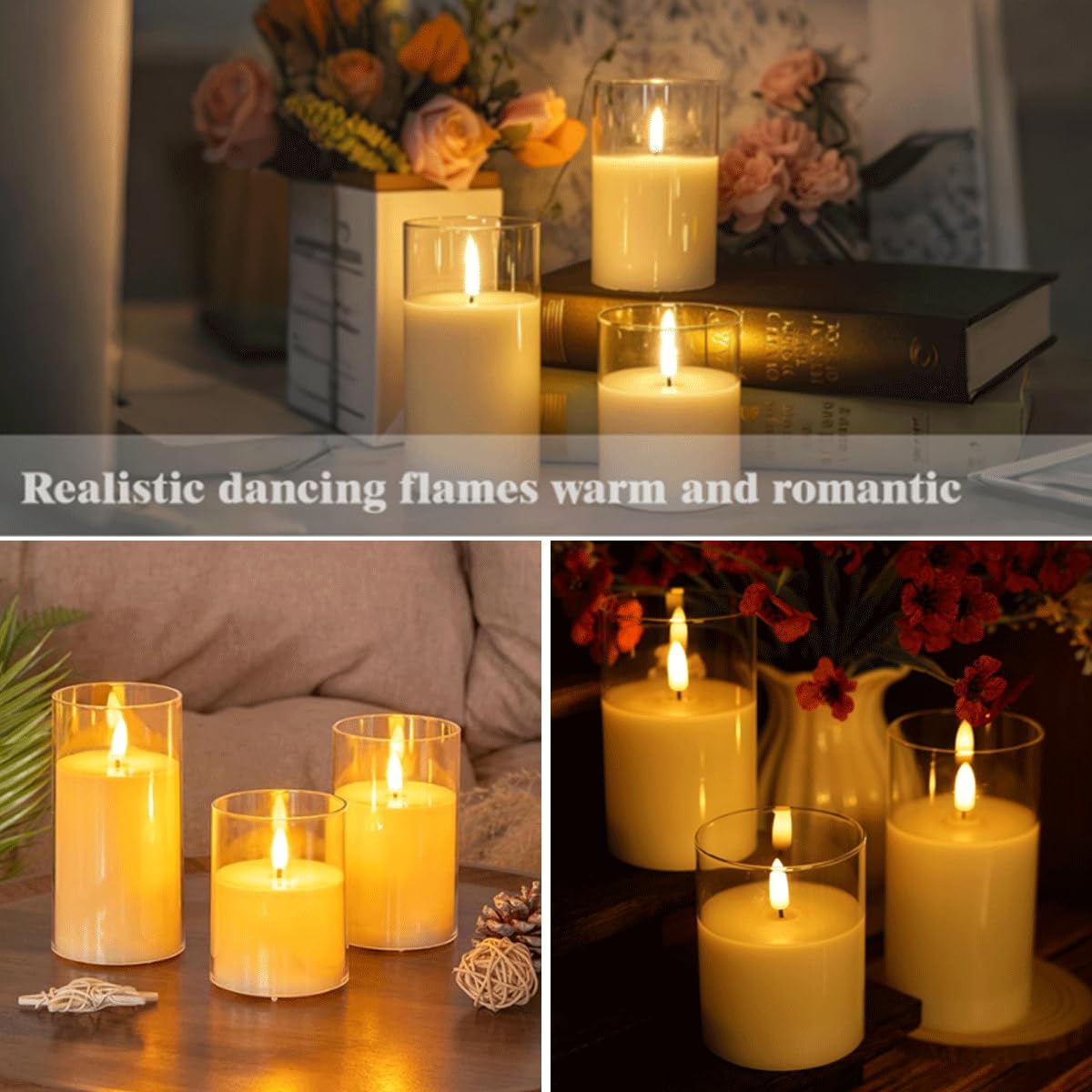 SORALEK Rechargeable Flameless Candles with Remote Control, Clear LED Pillar Candles, Battery Powered with Timer Function, Safe for Home, Wedding, Christmas, Halloween Decorations (3 Pieces)