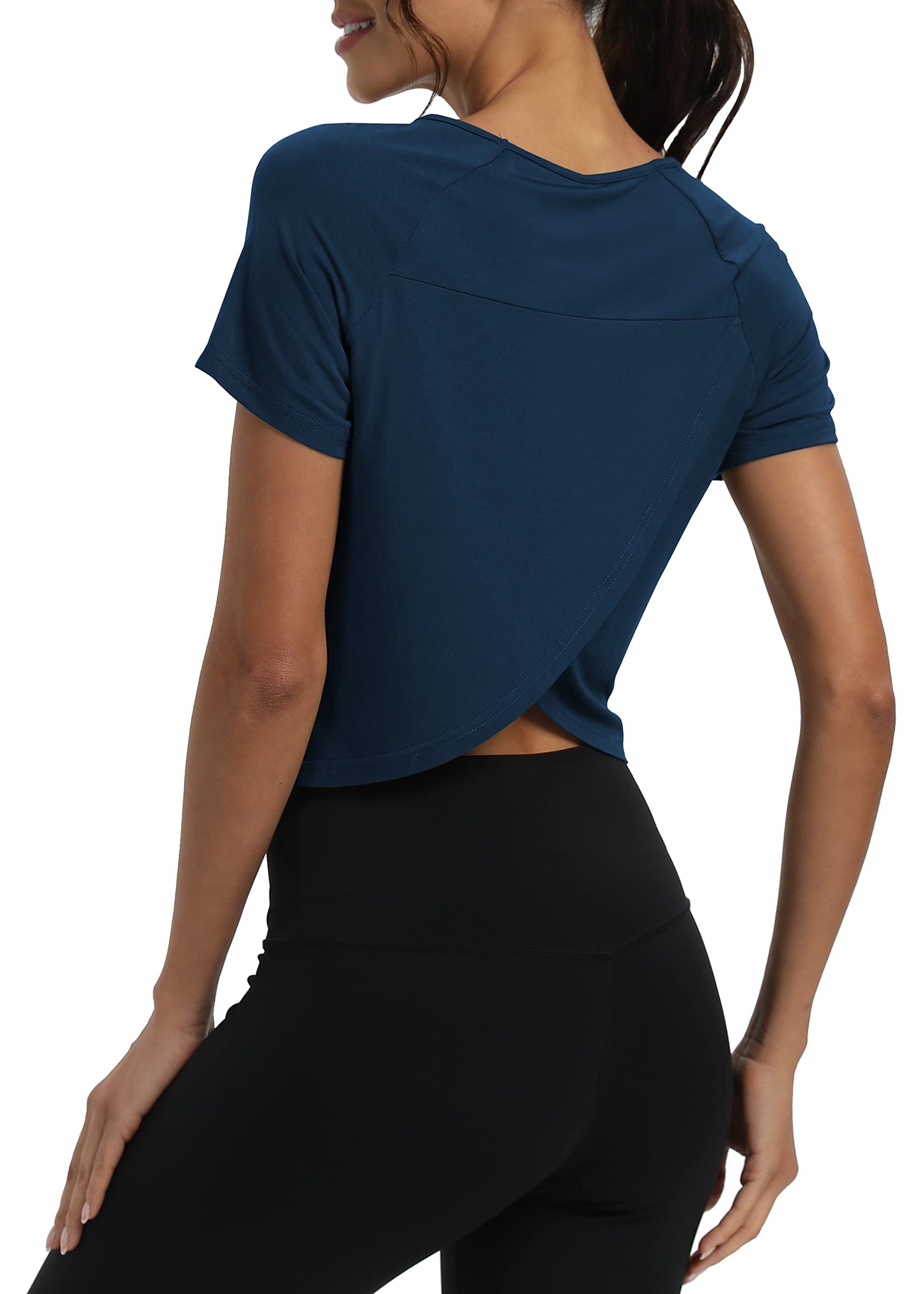 Mippo Short Sleeve Athletic Tops Workout Shirts Exercise Clothes Gym Crop Top Tshirts for Women Loose Fit Navy Blue M