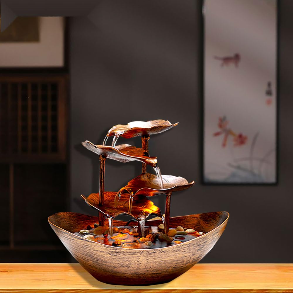 Resin Bronze Lotus Leaf Tabletop 4-Tier Fountain with Waterfall for Home Decoration
