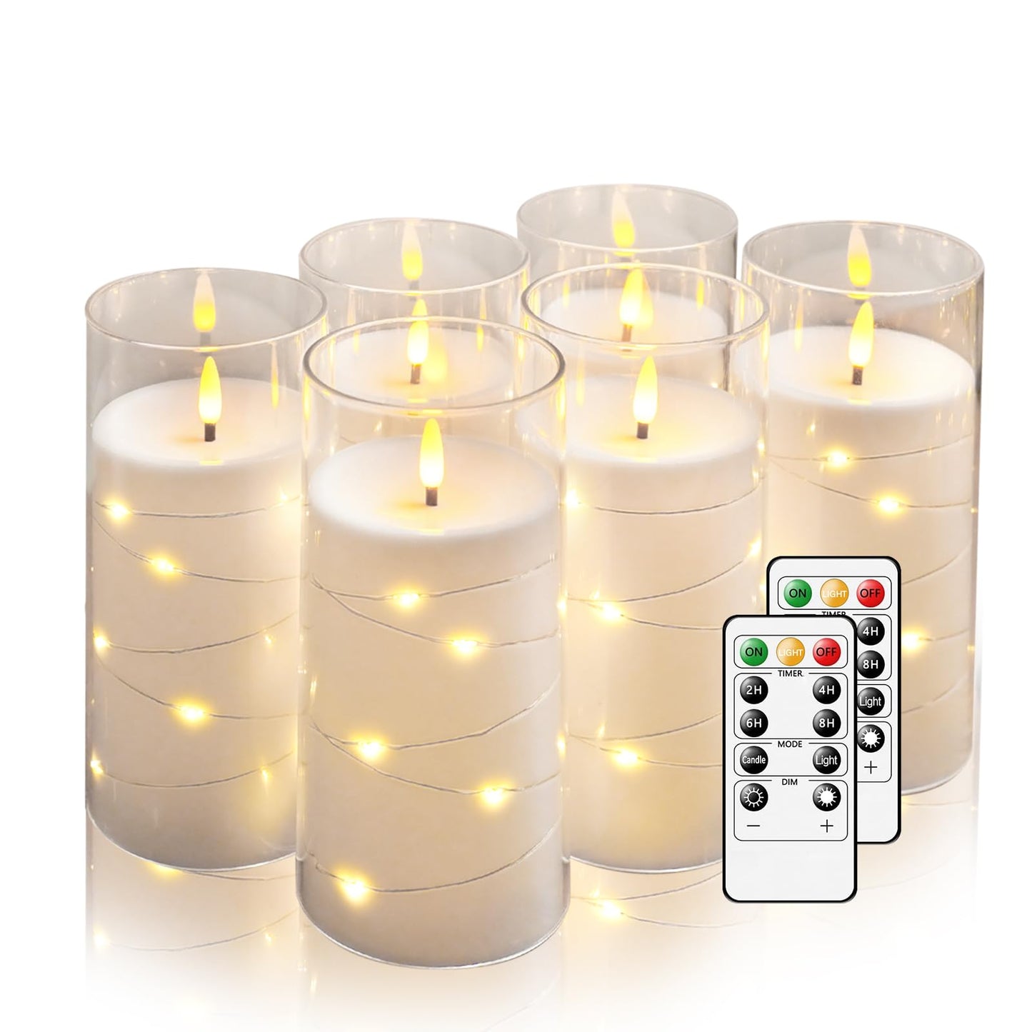 Flickering Flameless Candles with Remote Timer, 6pcs LED Battery Operated Candles with Embedded String Lights White, D3 H6