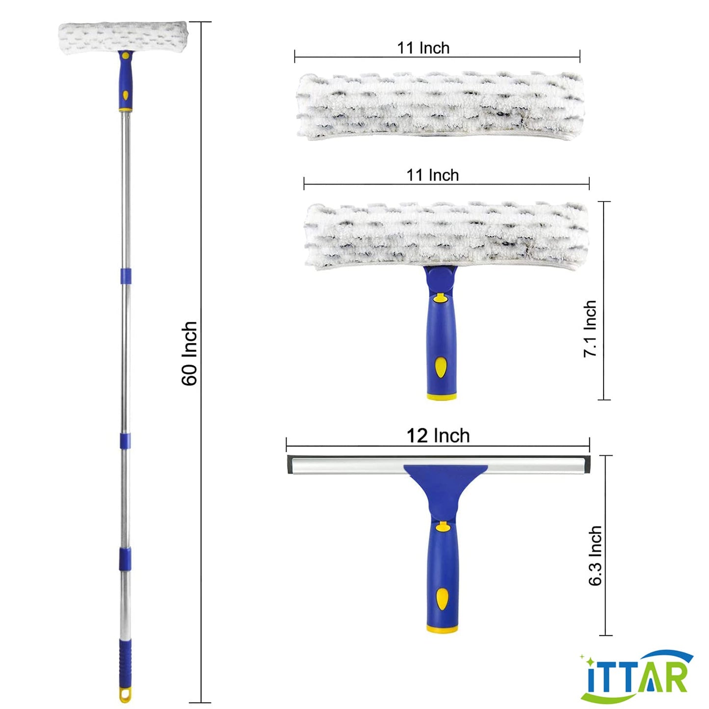 ITTAR Window Squeegee Cleaner Kit, Rotatable Rubber Squeegee and Microfiber Scrubber-2 Pads, Washing kit with 60" Telescopic Stainlees Steel Pole, Window Cleaning Tool for Home Shower Car Windshield