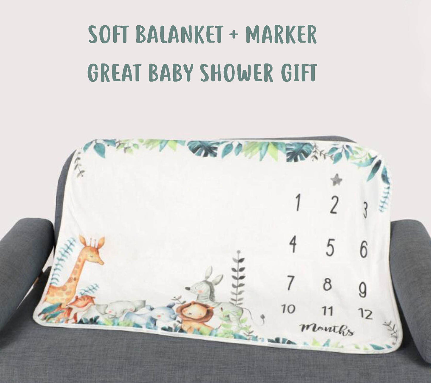 Popfavors, Yuzioey Safari Baby Monthly Milestone Blanket - Jungle Animals Growth Chart for Nursery Decor - White, 50Inx40In - Includes Marker