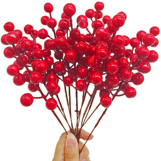 SLXDEX 24 pcs Red Holly Berry Stem Picks - Decorative Wire Stem Branch Sprays for Christmas Tree Decoration, Holiday Decor, Silk Flower Arrangements, Home DIY Crafts (24, 6.7inch)