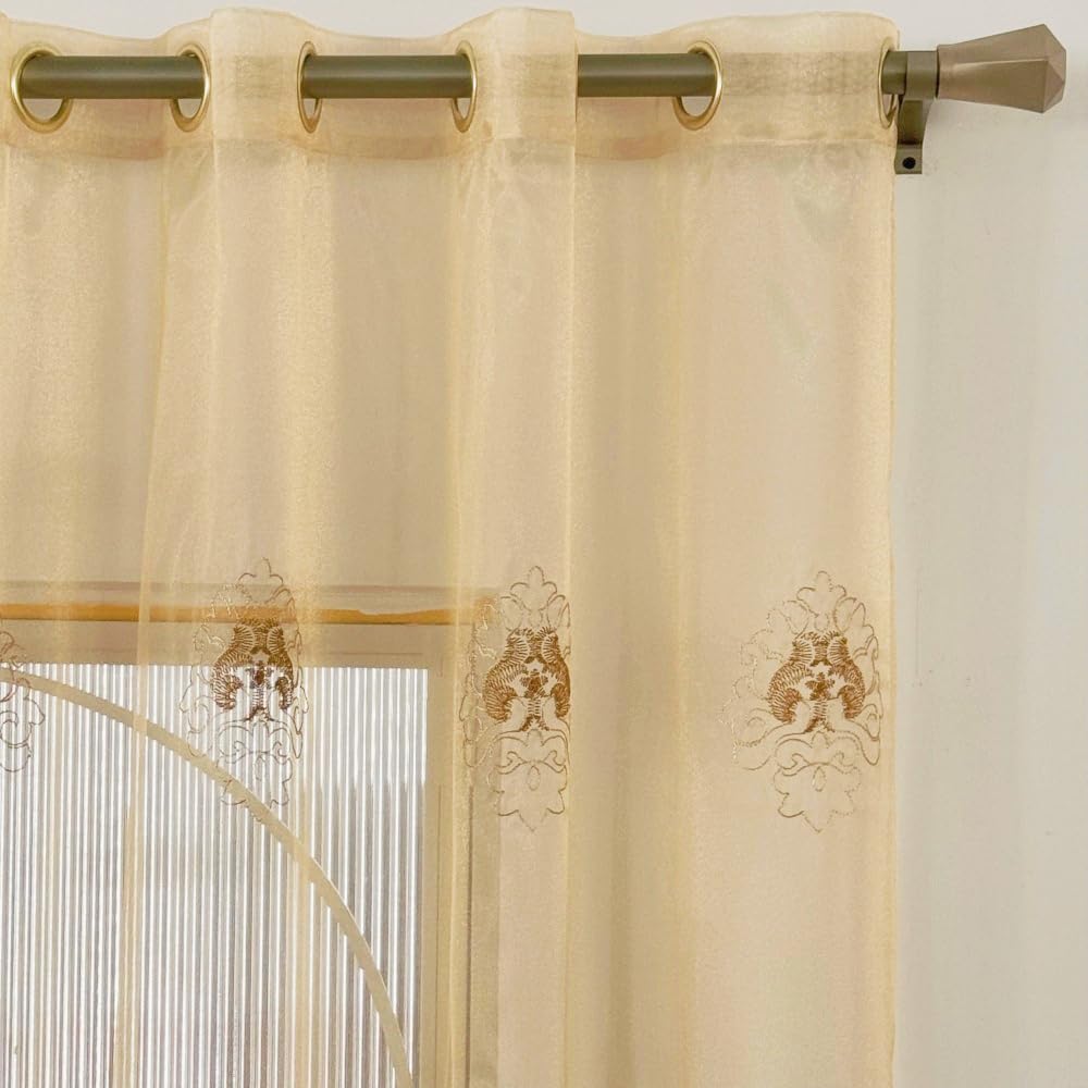 Amidoudou European Luxury Embroidered Sheer Curtains for Living Room Bedroom Tulle Curtains (2 Panels, 63 x 90 inches, Coffee)