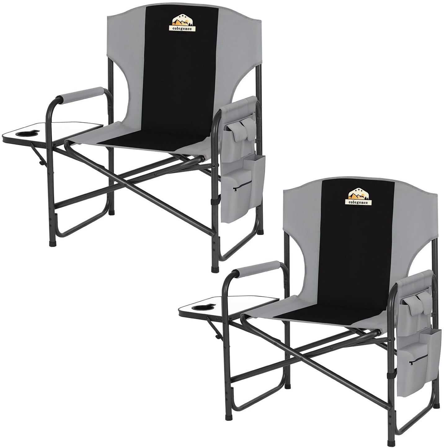 Colegence Oversized Directors Camping Chair Set of 2 Support 600 LBS, Heavy Duty Folding Outdoor Chairs with Detachable Side Pocket and Adjustable Side Table for Outside Beach,Lawn,Fishing (Black)