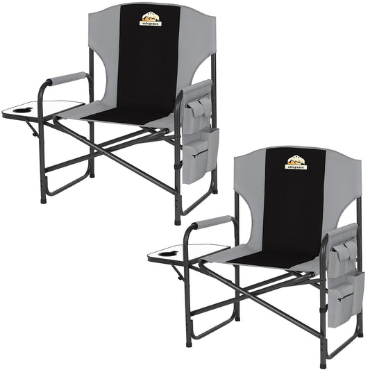 Colegence Oversized Directors Camping Chair Set of 2 Support 600 LBS, Heavy Duty Folding Outdoor Chairs with Detachable Side Pocket and Adjustable Side Table for Outside Beach,Lawn,Fishing (Black)