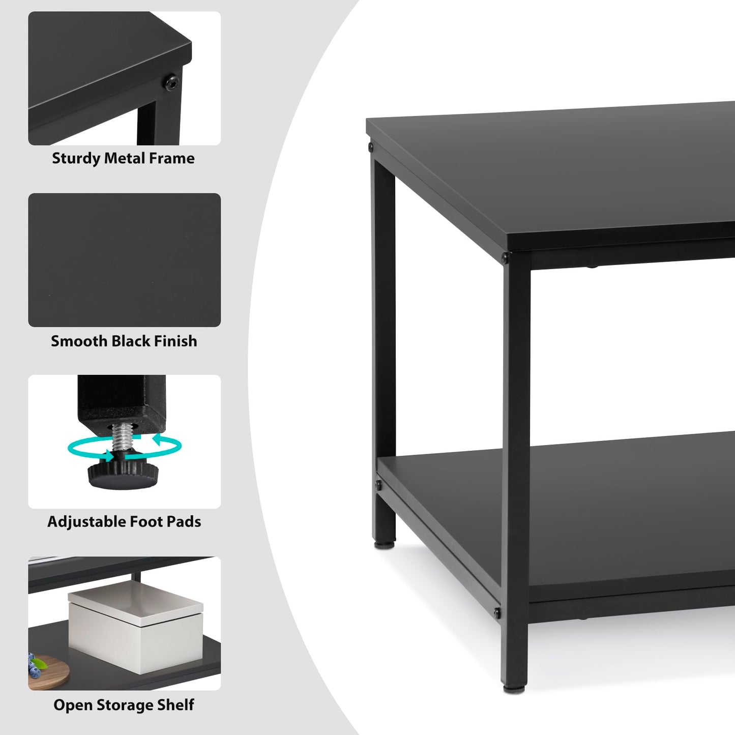 SUPER DEAL 2-Tier Industrial Coffee Table with Storage Shelf for Small Apartment Living Room, Rectangle Wood and Stable Metal TV Stand Side End Table, Black
