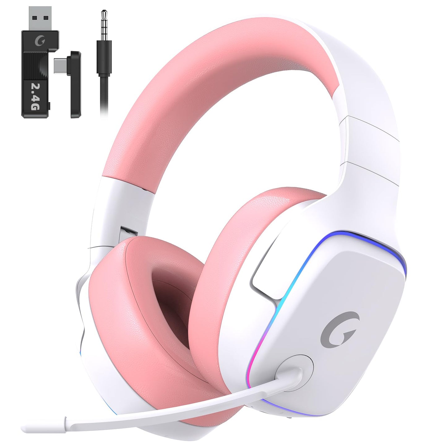 2.4GHz Wireless Gaming Headsets for PS5, PS4, PC, Switch - Bluetooth 5.3 Gaming Headphones with Noise Canceling Mic, 7.1 Surround Sound, 70H Battery, Blue Lighting - White