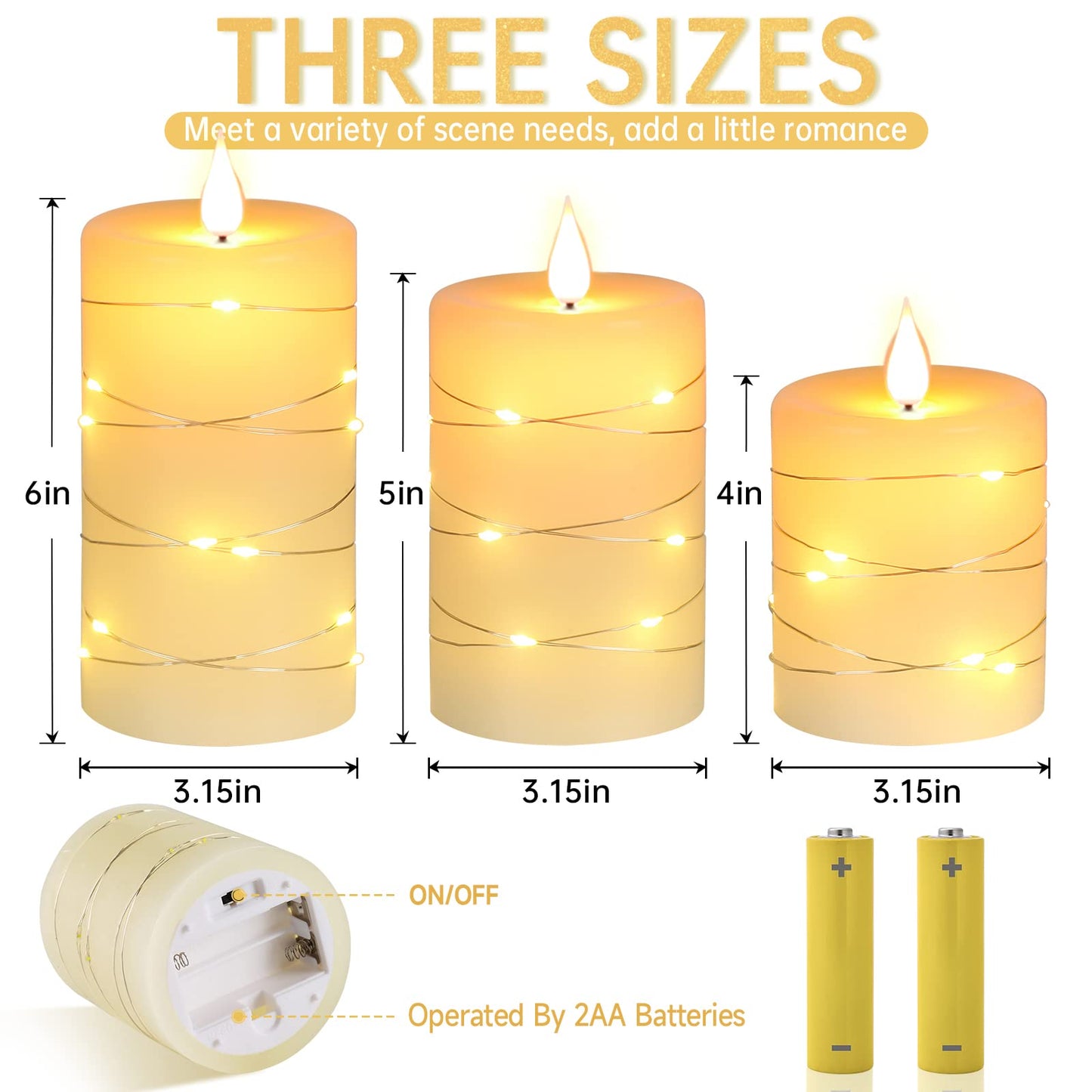 Da by Flameless Candles with String Lights，Battery Operated Candles,LED Flickering Candles with Remote Control and Timer, Real Wax, 3 Pack-Ivory