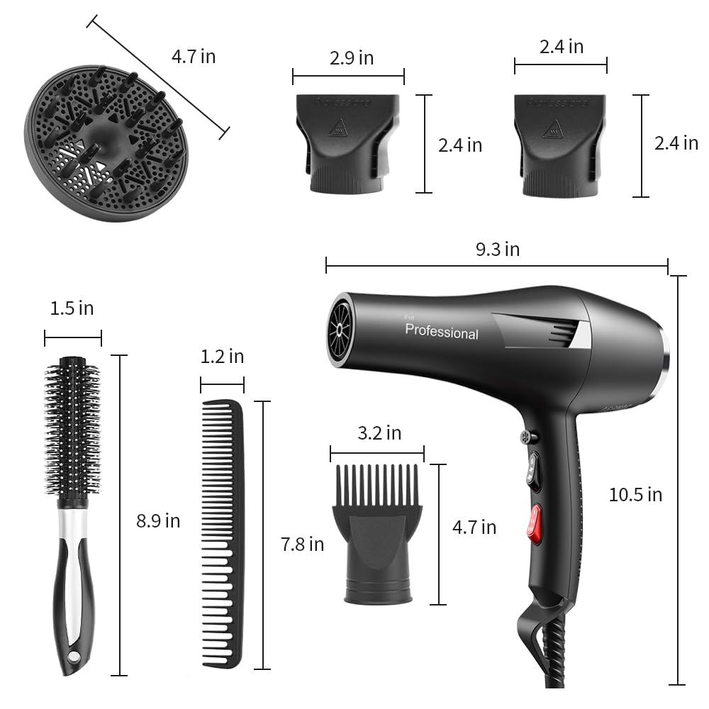 Faszin Ionic Salon Hair Dryer, Professional Blow Dryer AC Motor Fast Drying with 2 Speed, 3 Heat Setting, Cool Button, with Diffuser, Nozzle, Concentrator Comb for Curly & Straight Hair-Black