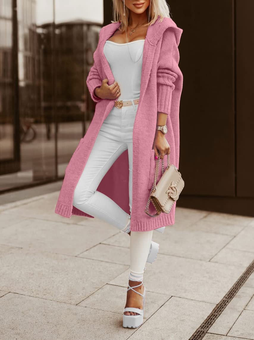 Aoysky Womens Long Cardigans Cable Knitted Open Front Oversized Hooded Outerwear Sweater Coat Pink