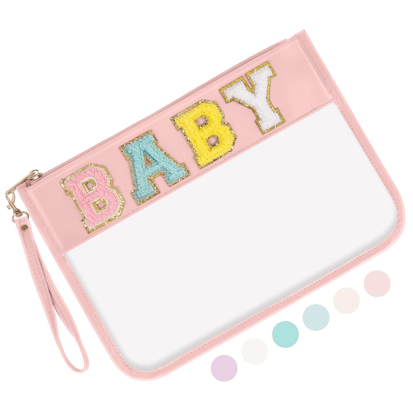 Iqimott Monogram Letter Clear Bag Purse, Chenille Glitter Letter Makeup Cosmetic Bag Patch Zipper Toiletry Pouch, Portable Travel Beach Snack Wristlet Bag for Women Girls(Baby, Pink)