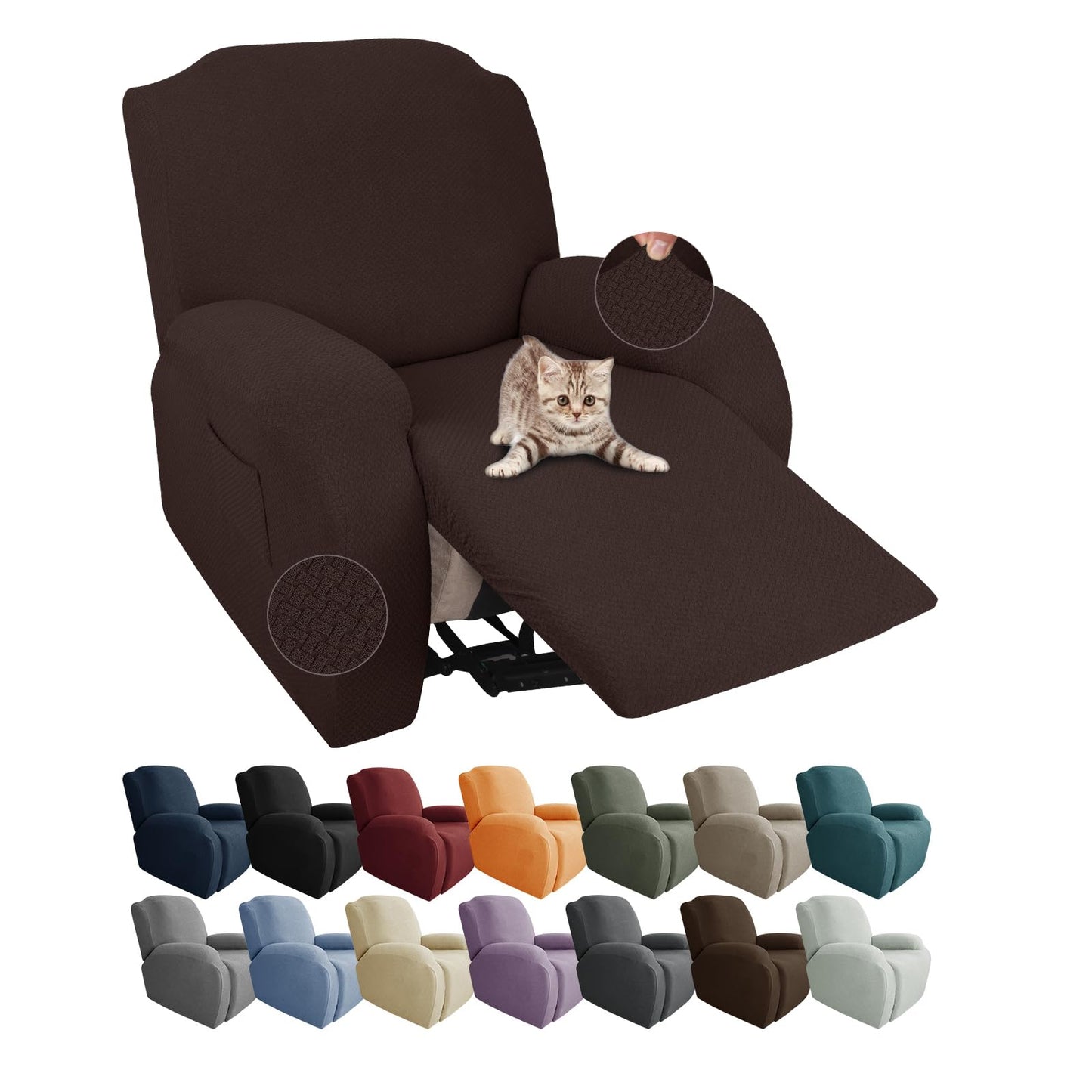 JIVINER 4-Piece Recliner Chair Covers Stretch Jacquard Chair Covers for Reclining Chair Recliner Slipcovers for Living Room Soft Recliner Protector with Pocket (Recliner,Dark Coffee)