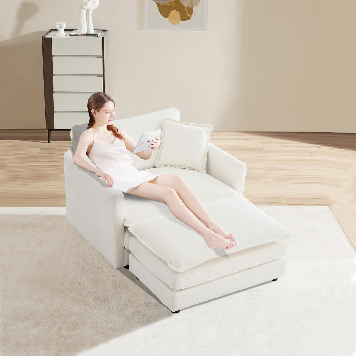 Nicbex Oversized Chaise Lounge Chair Indoor, Chenille Upholstery Cloud Sectional Sofa, Minimalist Modular Sleeper Couch Bed Including Single Club Armchair & Ottoman for Liviing Room Apartment Office