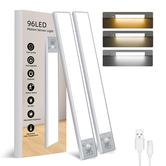 Under Cabinet Lighting Wireless,96 LED Rechargeable Motion Sensor Light Indoor, 7 Color Temperature Dimmable Magnetic Under Counter Lights for Kitchen, Cabinet, Stairs, 2 Pack