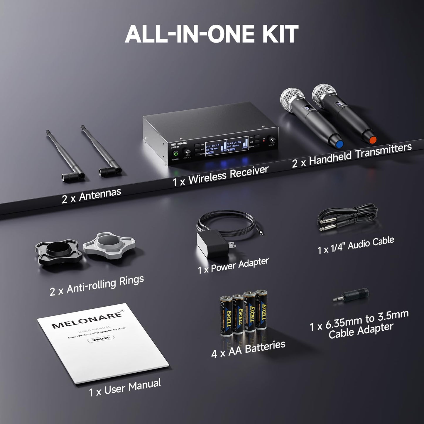 Dual Channel Wireless Microphone System, MELONARE Auto-Scan Professional Cordless Dynamic Mic Set, 260ft Range, 2x100 UHF Metal Wireless Mic for Singing, Karaoke, Church, Wedding, DJ (MWU-20-2H)