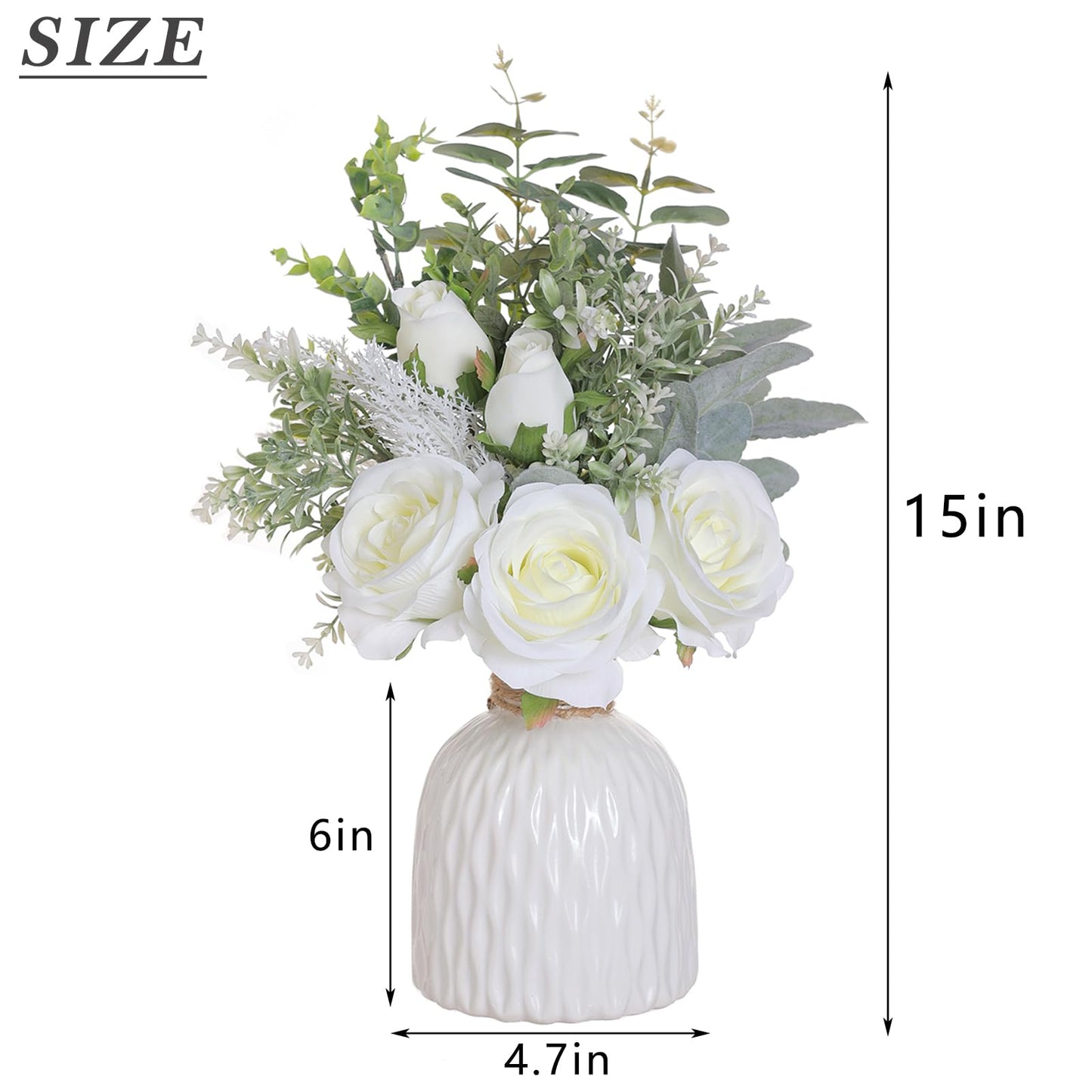 FOTEEWL Artificial Flowers with Ceramic Vase,Faux Silk Roses and Fake Plant Eucalyptus in Vase for Centerpiece Table Decorations, Living Room,Dining Table,Fireplace,Office,Farmhouse,Home Decor(White)