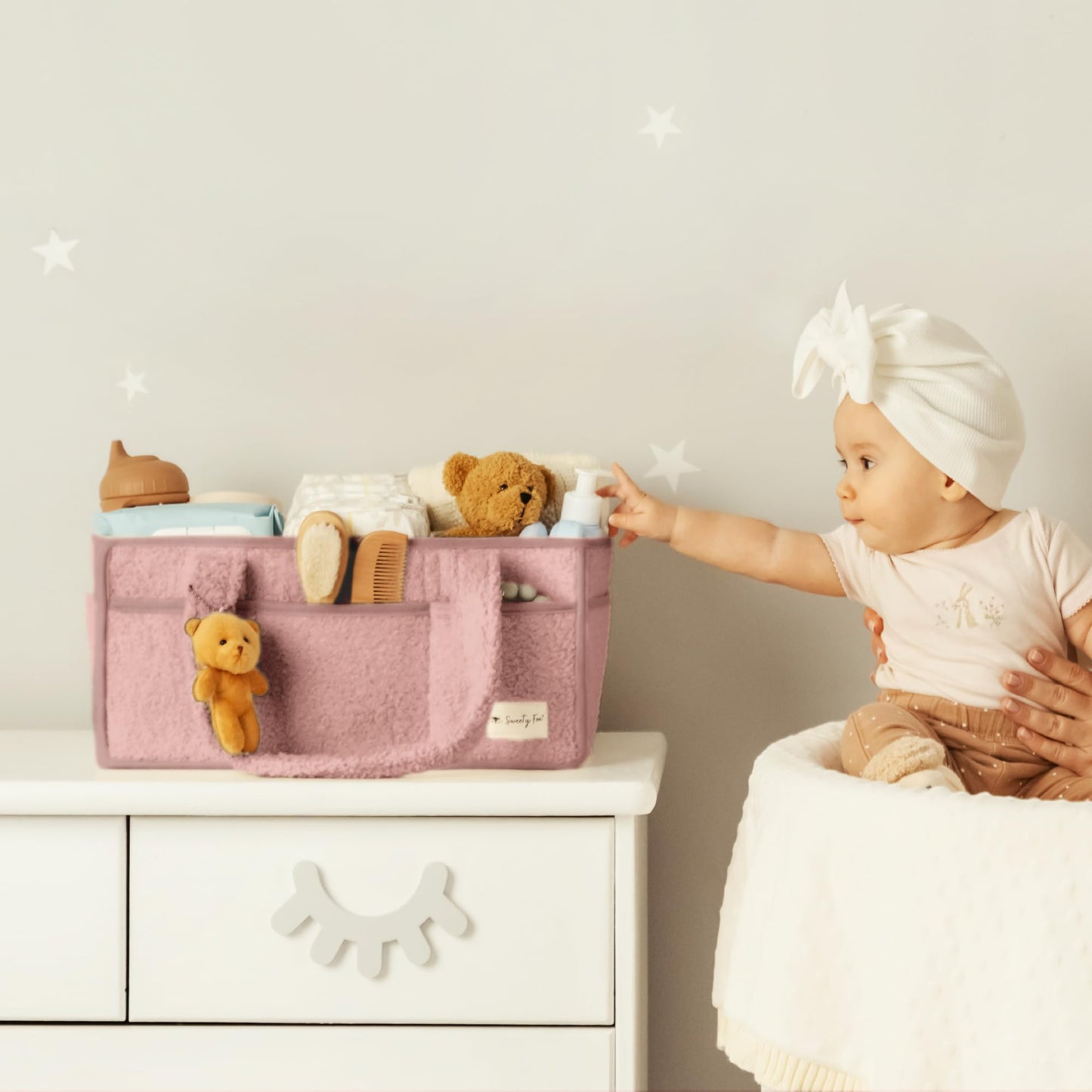 Sweety Fox Baby Diaper Caddy Organizer with Handle - Portable Sherpa Nursery Basket - Car Diaper Organizer, Cleaning Caddy, Gift for Baby Shower - Pink