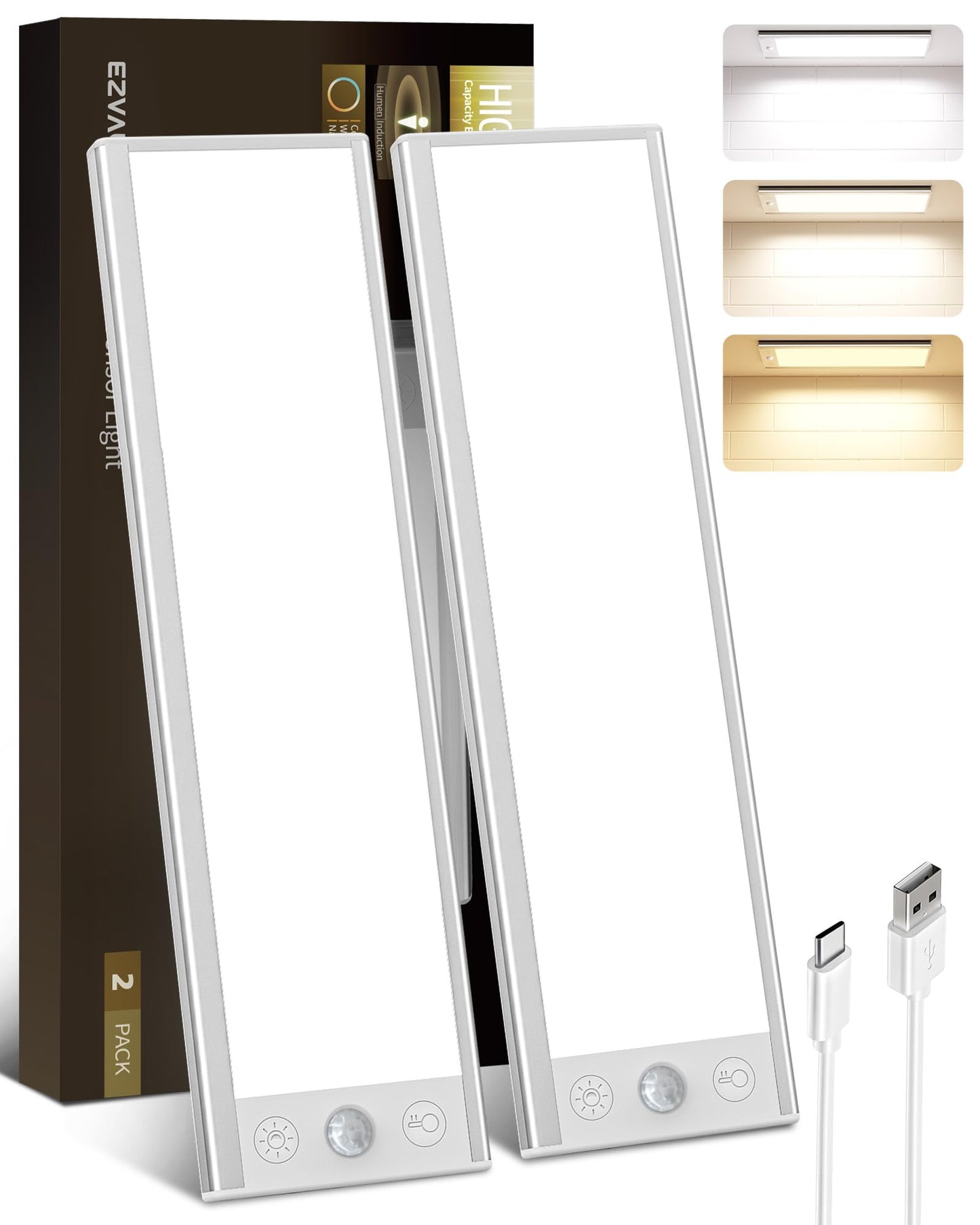 EZVALO Under Cabinet Lights, 150LM Ultra Bright Motion Sensor Lights, 3000mAh Rechargeable Magnetic Under Counter Lights for Kitchen, 3 Inch Wide Panel Dimmable Closet Light 2Packs
