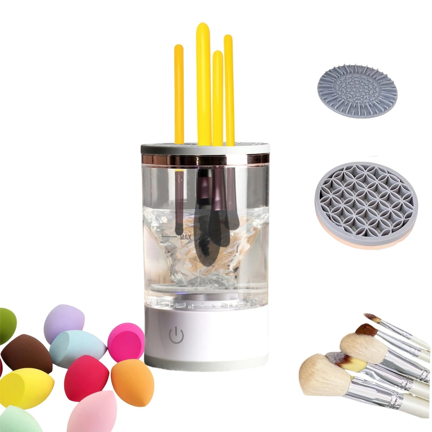 GANTTCHAGE Makeup Brush Cleaner Machine, 3-in-1 Automatic Spinning Brush Washer Dryer Store, USB Portable for All Size Brushes and Beauty Blenders