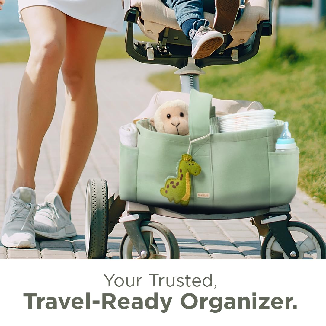 Folkulture Baby Diaper Caddy | Cotton Diaper Bag for Kids - Stylish Comfort Spacious Travel Essential Cart | Nursery Storage Bin and Car Organizer for Diapers, Wipes - (Sage Green - 15")