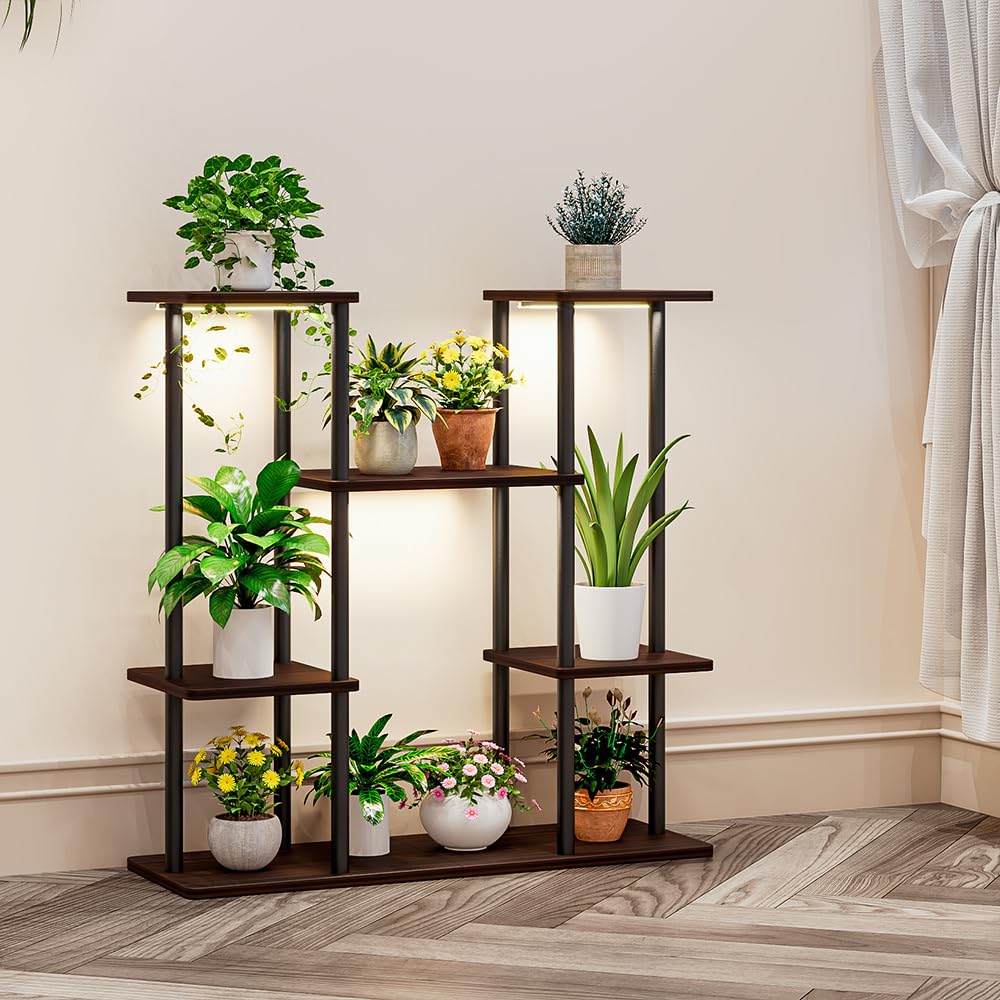 INGIORDAR Plant Stand With Grow Light Indoor Corner Tiered Metal Plant Organizer 4 Tier 10 Pot plants shelf for Window Garden Balcony Living Room