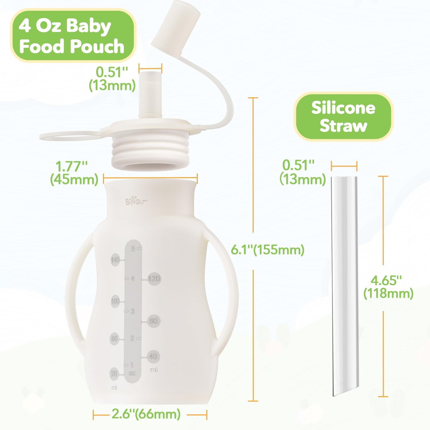 Bear Reusable Silicone Baby Food Pouches, 2 Pack Refillable Squeeze Pouch for Toddlers, Baby Food Containers Dishwasher&Freezer Safe | Make Homemade Organic Food for Babies, 5oz, 6m+