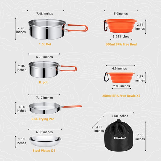 KingCamp Camping Cookware Mess Kit, 25pcs Backpacking Gear Cooking Equipment, Lightweight Pots and Pans with Folding Knife and Fork Set for 3-4 Person