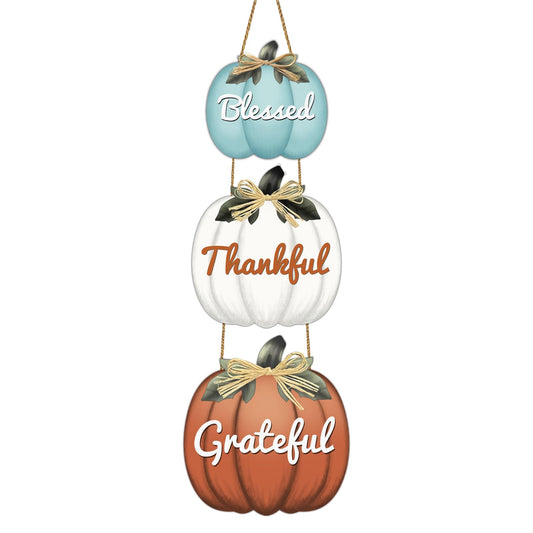 Fall Decorations for Home Fall Door Decor Pumpkin Wall Decor with Raffia Bow Blessed Grateful Thankful Sign Wooden Front Door Hanger for Harvest Thanksgiving Porch Indoor Outdoor Home Decorations