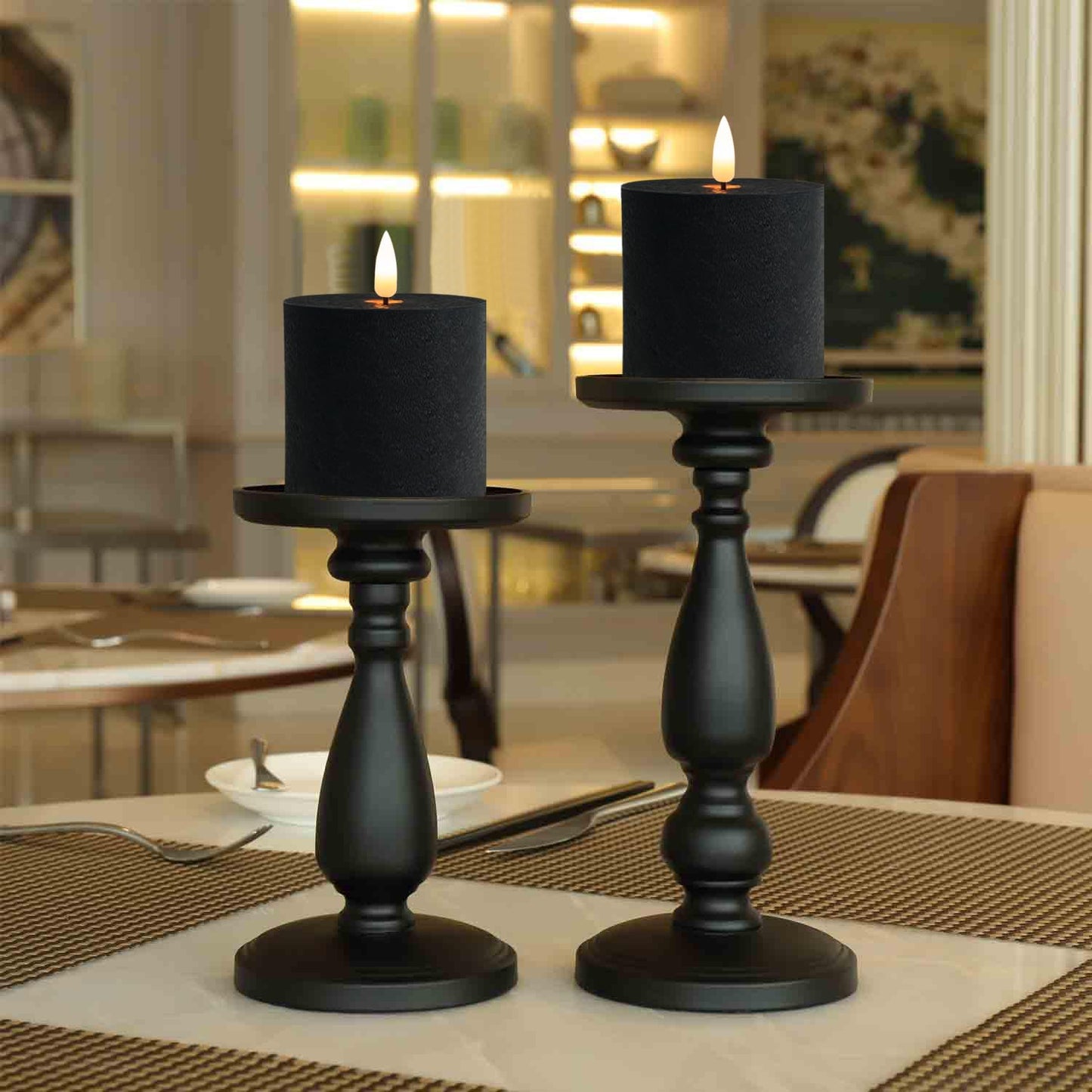 volnyus Black Flameless Candles Set of 2 (3x3 inch) Real Wax Flickering LED Candles Battery Operated with Remote Control Timers for Halloween Fireplace Livingroom Party Dimmable Pillars Flat top