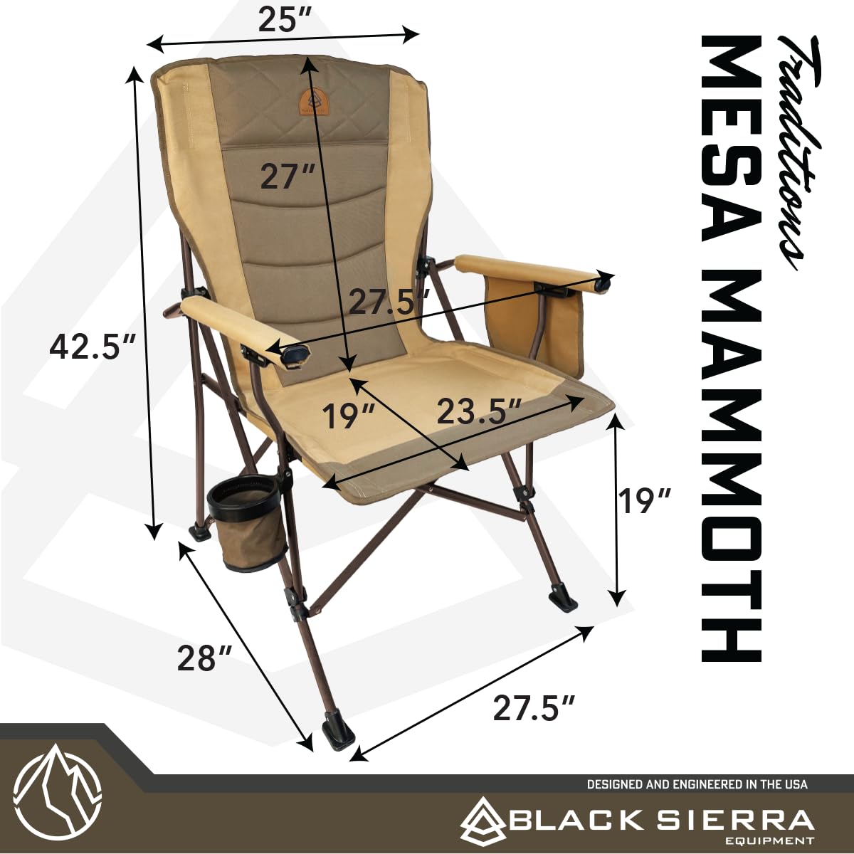 Black Sierra Oversize Camping Chair for Adults Supports 500 lbs, XL Heavy Duty Hard Arm Folding Chair, Steel Frame Durable Padded Outdoor Seat, Portable Fold Up Chair w/Cup Holder and Storage Bag