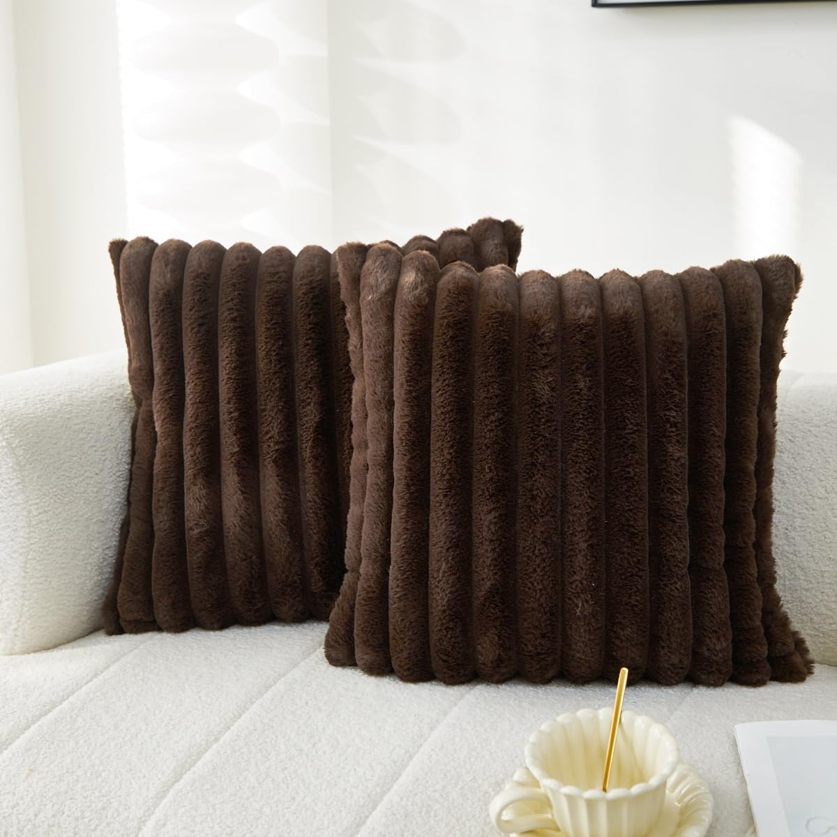 Sunday Praise Double-Sided Faux Fur Plush Throw Pillow Covers 18x18 Inch Set of 2 Dark Brown Striped Decorative Pillow Cases Soft Luxury Cushion Cases for Couch Sofa Living Room Décor