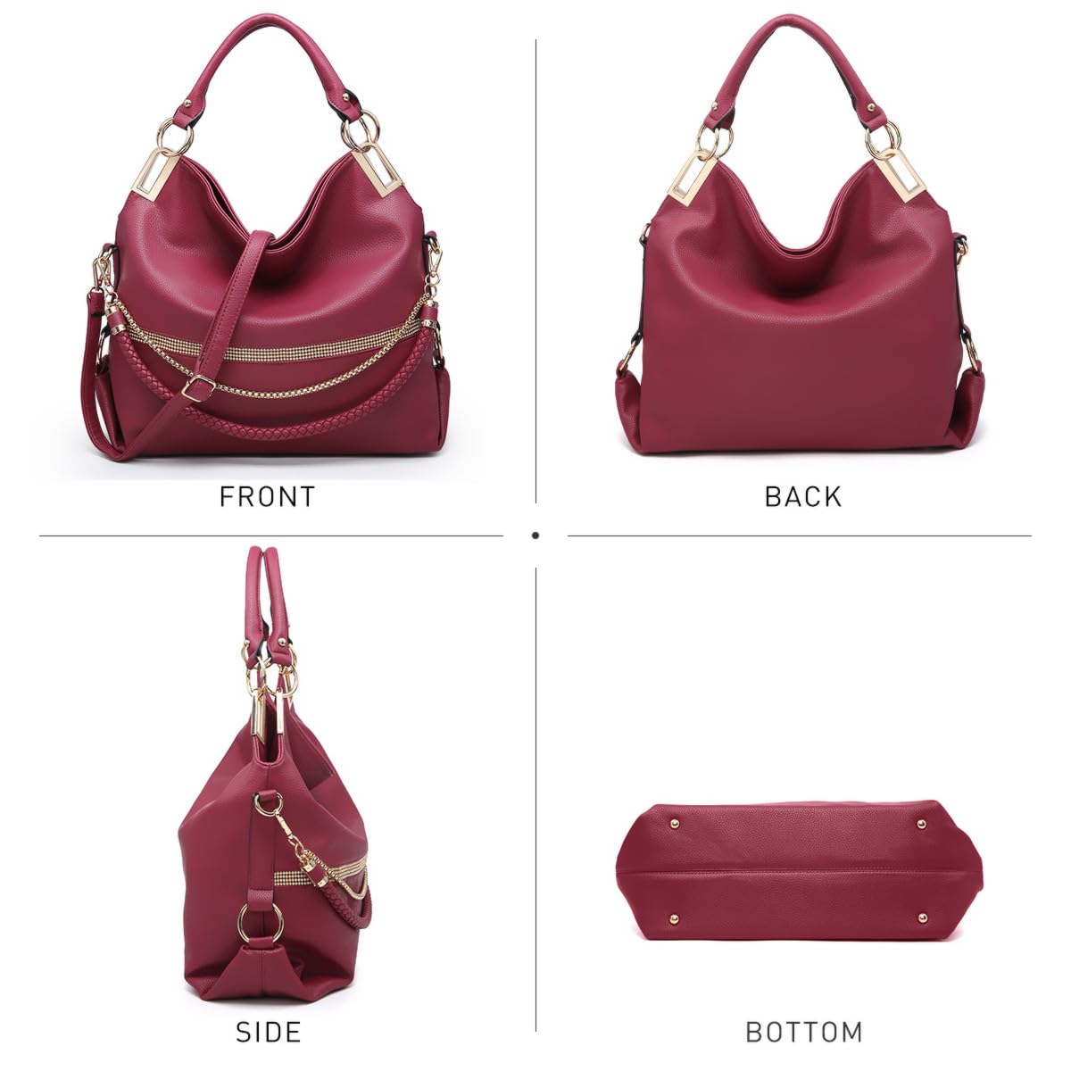 Dasein Women's Large Hobo Bag with Rhinestone Accents Vegan Leather Tote Purse Shoulder Handbag for Ladies (Wine Red)