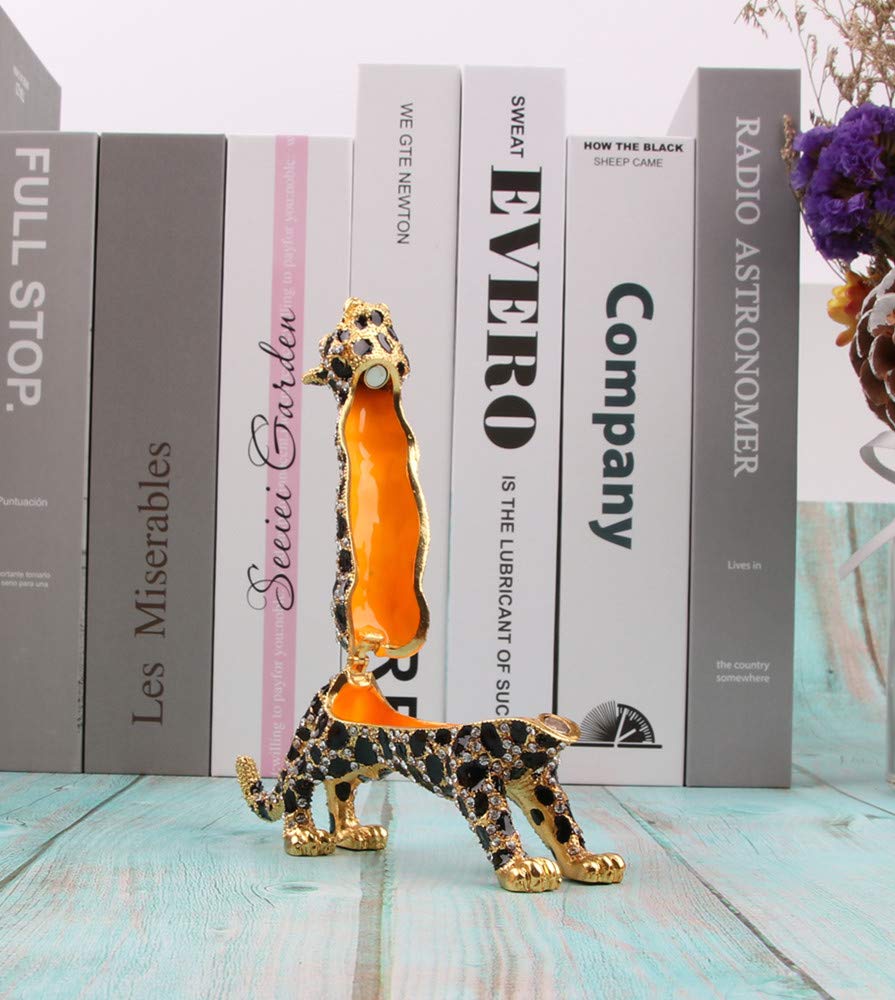 SEVENBEES 24K Golden 5.7in Leopard Jewelry Trinket Boxes Hinged with Crystal Element Design Leopard Figurine Collectible