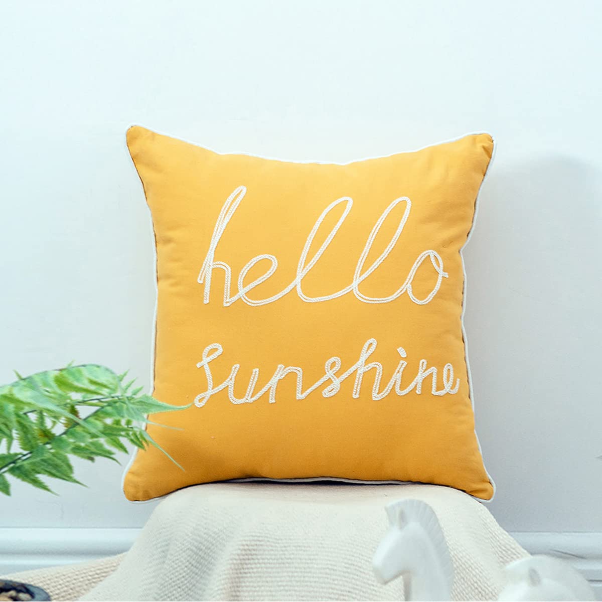 YIcabinet Set of 2 Soft Soild Decorative Square Throw Pillow Covers Outdoor Patio Pillow Yellow Hello Sunshine Pillow for Sofa Bedroom Car 18x18 Inch