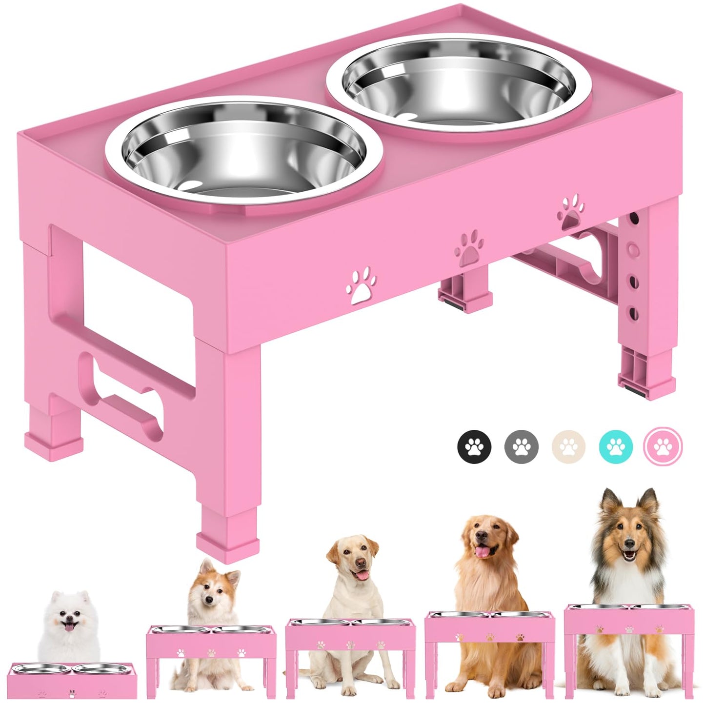 LAKIPETN Elevated Dog Bowls with 2 Stainless Steel Bowls, Raised Dog Food Bowl Stand 5 Height Adjustable (3.1", 9", 10", 11", 12") Non-Slip Feeder Set for Medium and Large Dogs - Pink