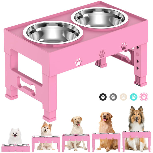 LAKIPETN Elevated Dog Bowls with 2 Stainless Steel Bowls, Raised Dog Food Bowl Stand 5 Height Adjustable (3.1", 9", 10", 11", 12") Non-Slip Feeder Set for Medium and Large Dogs - Pink