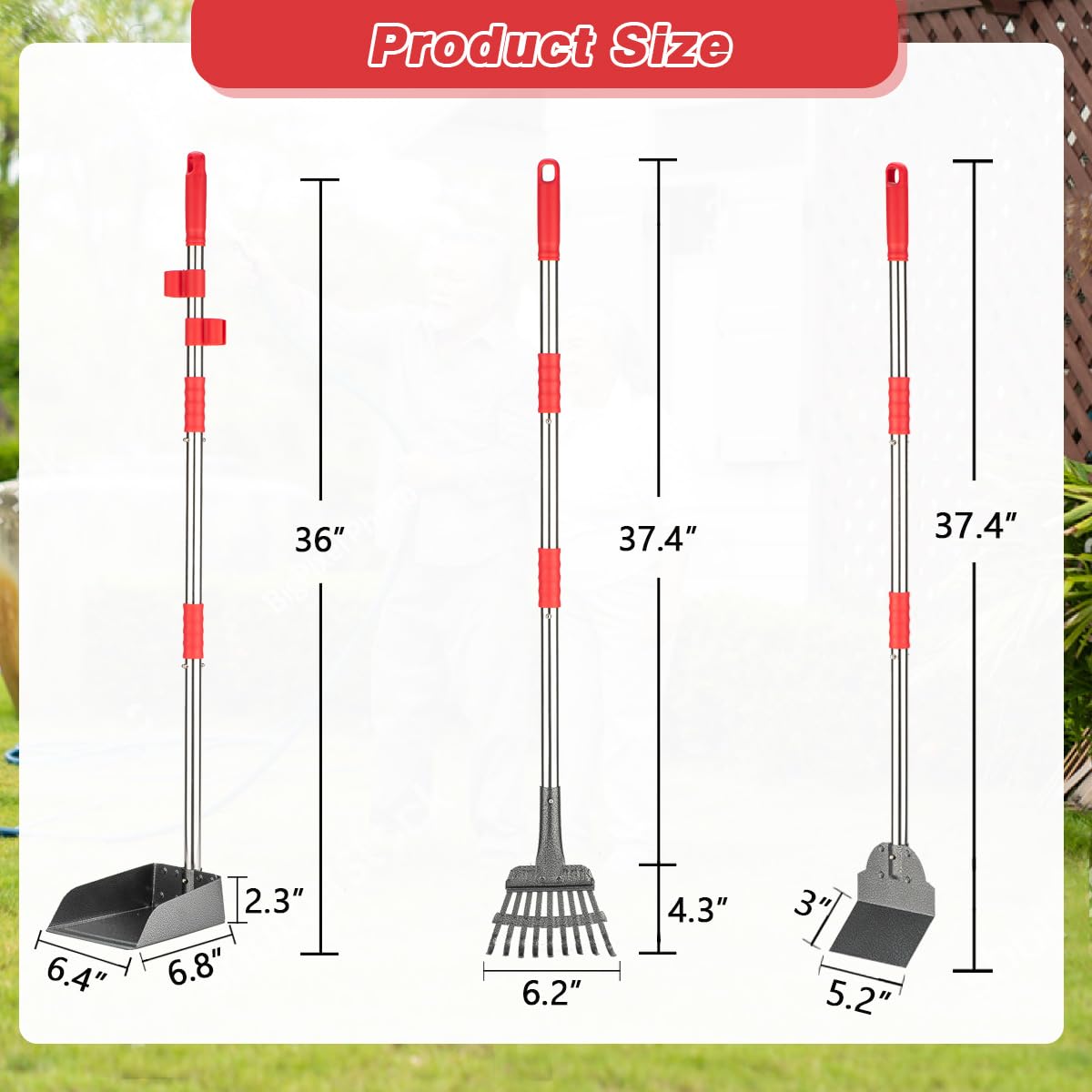 FUSBUNTY Pooper Scooper, Long Handle Dog Pooper Scooper, Heavy Duty Stainless Steel Rake with Tray & Spade Set for Pet Waste Removal, for Grass, Dirt or Gravel
