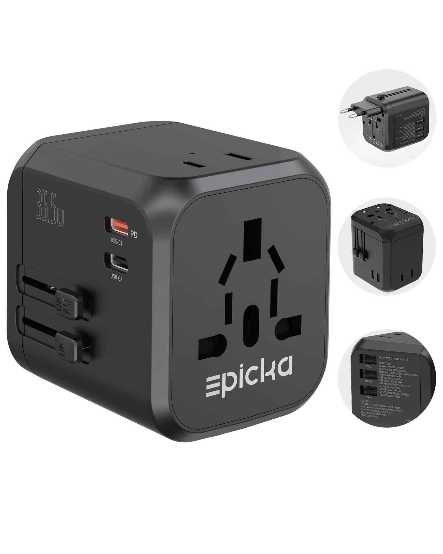 EPICKA 35W Universal Travel Adapter with 2 AC Outlet, European Travel Plug Adapter with PD Fast Charging, 6-Port (2 AC/2 USB-C/3 USB-A) International Power Adapter - Travel Essentials (TA-205, Black)