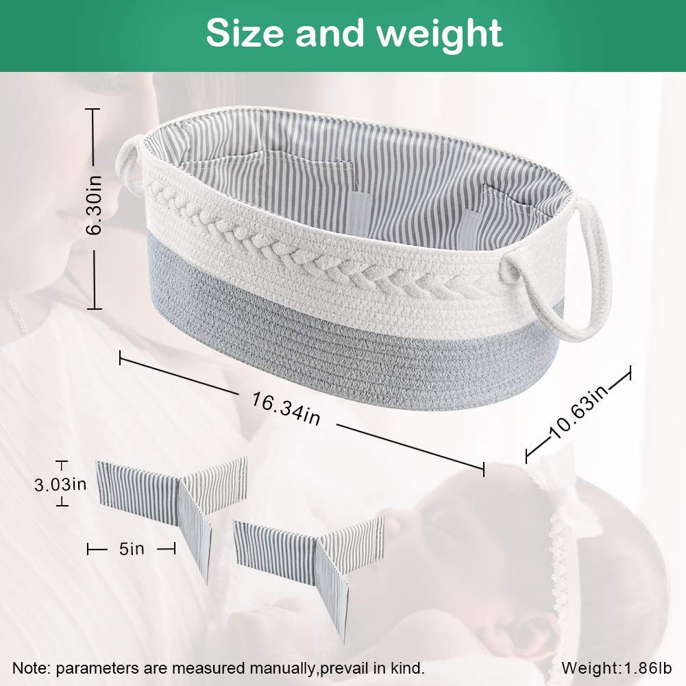 Lzellah Baby Diaper Caddy Organizer - Extra Large Nappy Caddy Rope Nursery Storage Bin - Baby Basket with 8 Pockets, 5 Compartments and 2 Removable Dividers