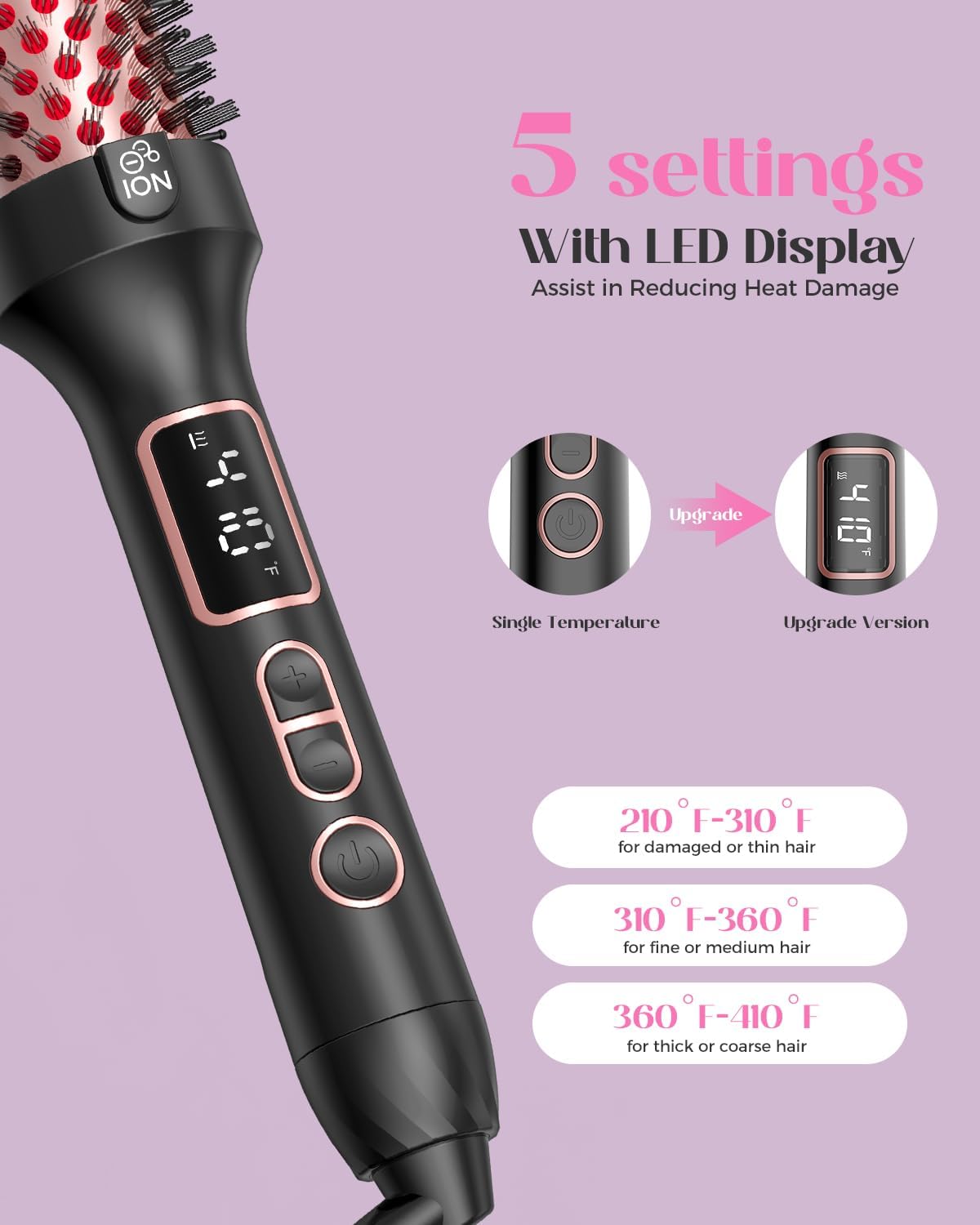 Upgraded Infrared Bounce Brush, Heated Thermal Round Brush with 5 Heat Settings & LED Display, 1.5 Inch lonic for Hair Straightener & Curling Wand, Dual Voltage, Blowout Look, Gifts for Women