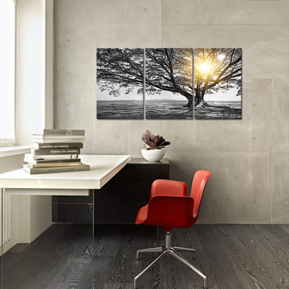 Biuteawal 3 Piece Wall Art Black White Tree at Warm Sunrise Landscape Picture Photo Canvas Prints Nature Tree of Life Painting for Home Office Living Room Decor Stretched and Framed Ready to Hang