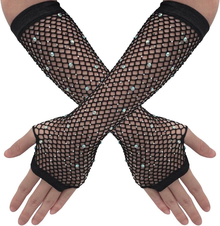 Rhinestone Fingerless Arm Fishnet Gloves Women's Long Fishnet Mesh Gloves for Women Girls Fish Net Arm Sleeve 80s Party Costume Halloween Accessories