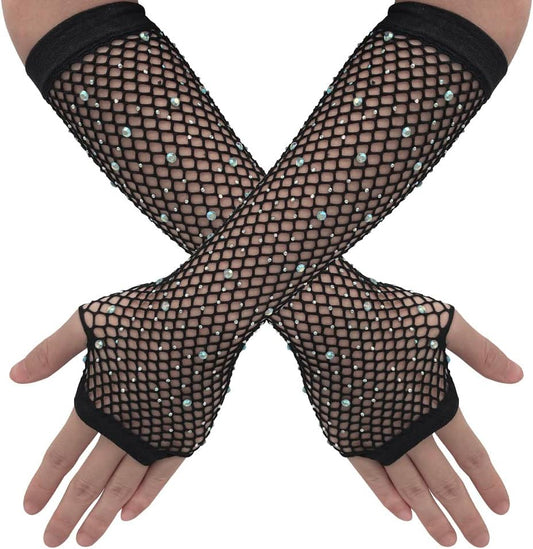Rhinestone Fingerless Arm Fishnet Gloves Women's Long Fishnet Mesh Gloves for Women Girls Fish Net Arm Sleeve 80s Party Costume Halloween Accessories