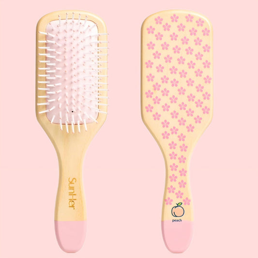 SunHer Natrual Wooden Hair Brush - Detangling Hair Brush for Wet or Dry Use, Pink Hair brush for Curly Hair Long Thick All Type Women Girls Kids Massage Scalp, Perfect for Gift