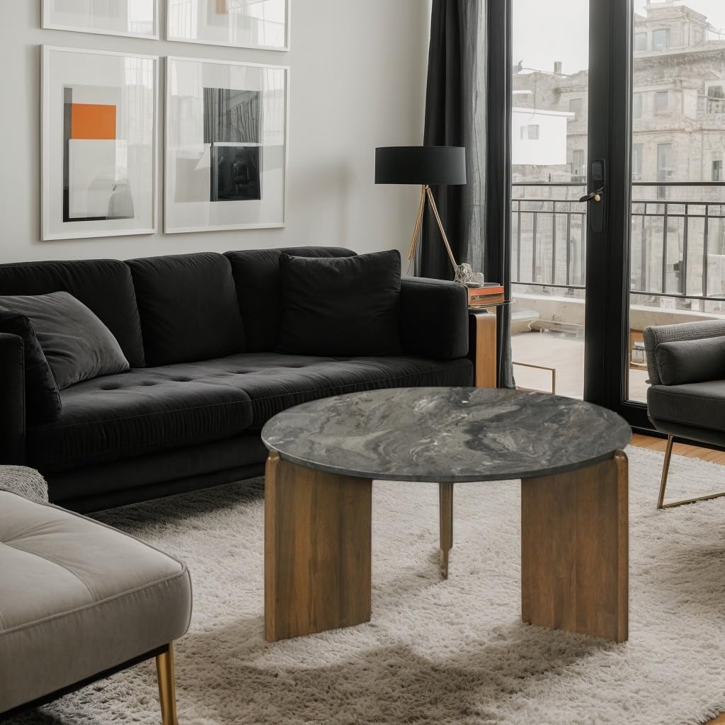 DUOMAY Modern Faux Marble Round Coffee Table, 32'' Grey Circle Coffee Table Center Cocktail Table for Living Room Apartment, Farmhouse Side Table for Family Office